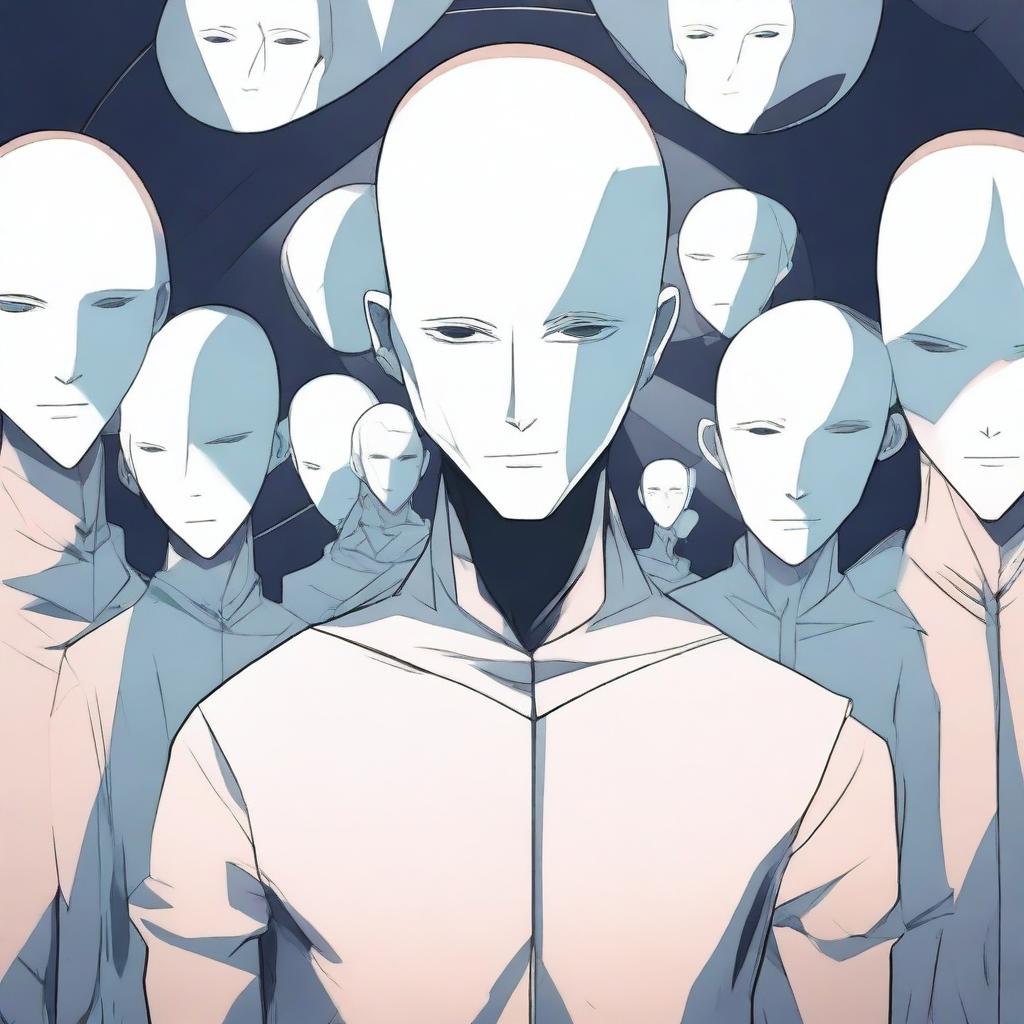 An anime-style man without a face, surrounded by multiple mirrors
