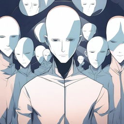 An anime-style man without a face, surrounded by multiple mirrors
