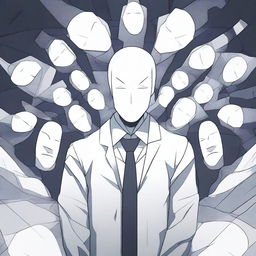 An anime-style man without a face, surrounded by multiple mirrors