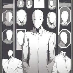 An anime-style man without a face, surrounded by multiple mirrors