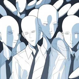 An anime-style man without a face, surrounded by multiple mirrors