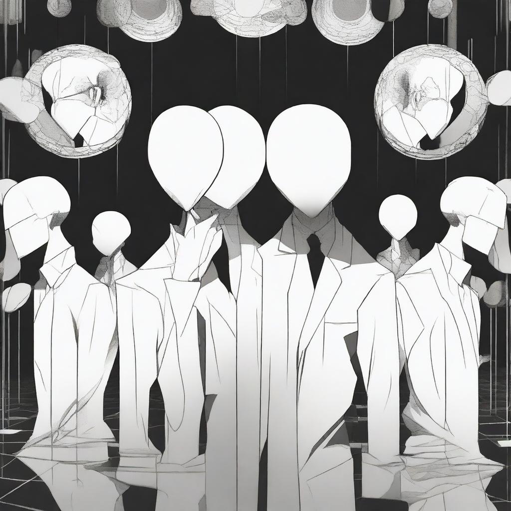 A black and white anime-style man without a face, surrounded by multiple mirrors