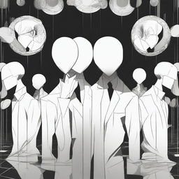 A black and white anime-style man without a face, surrounded by multiple mirrors