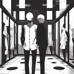 A black and white anime-style man without a face, surrounded by multiple mirrors
