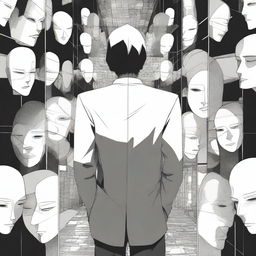 A black and white anime-style man without a face, surrounded by multiple mirrors