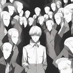 A black and white anime-style man without a face, surrounded by multiple mirrors