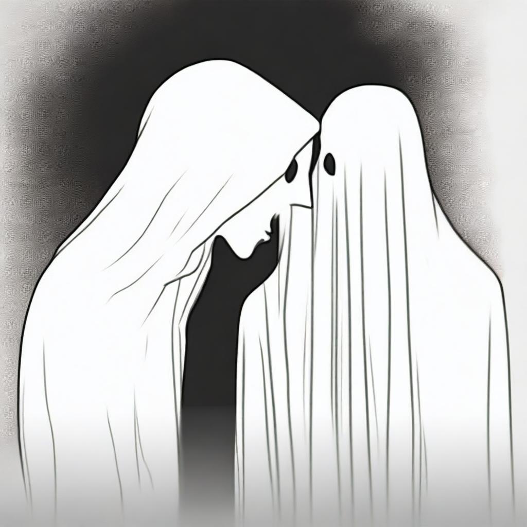 A drawing of a man kissing a ghost
