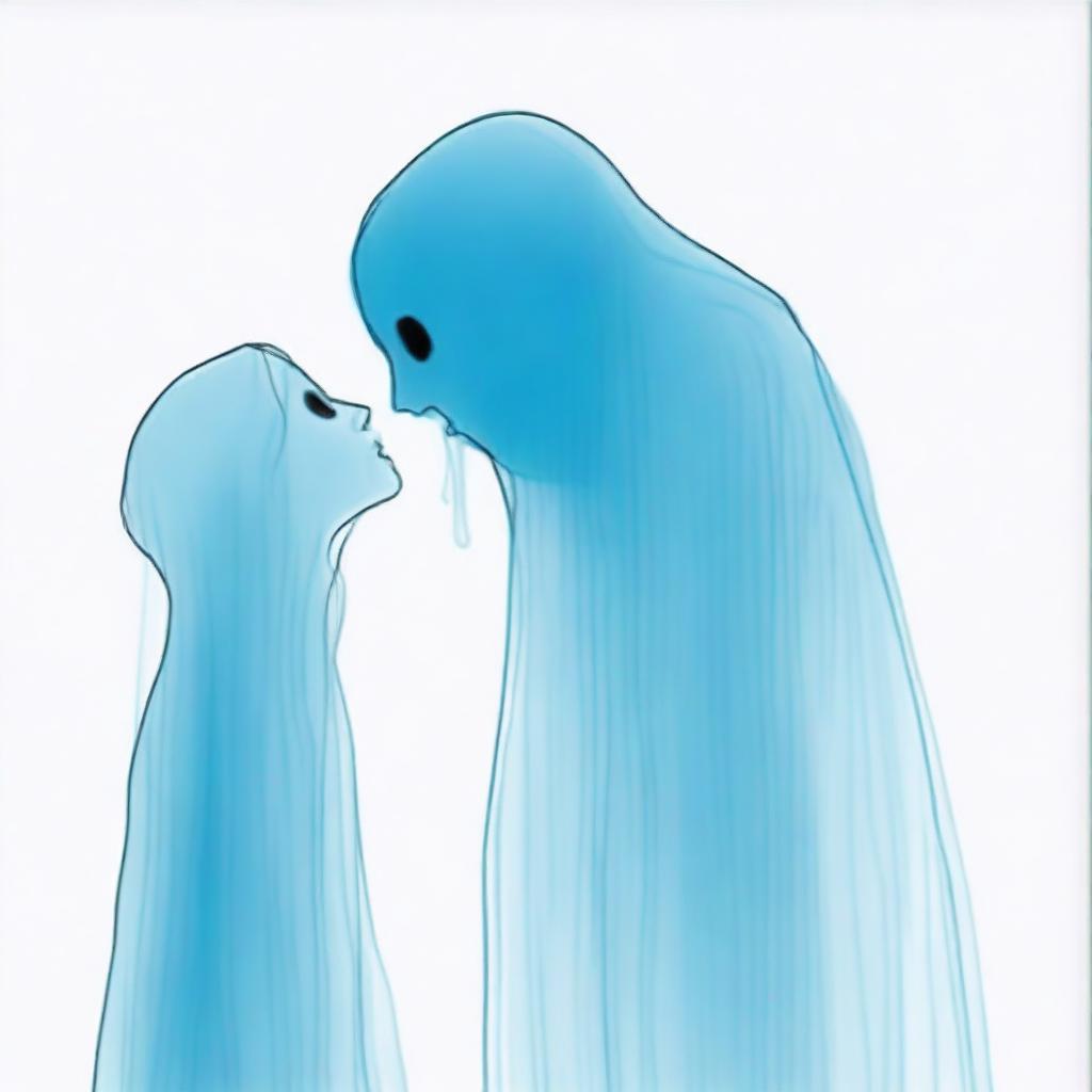 A drawing of a person kissing a blue ghost