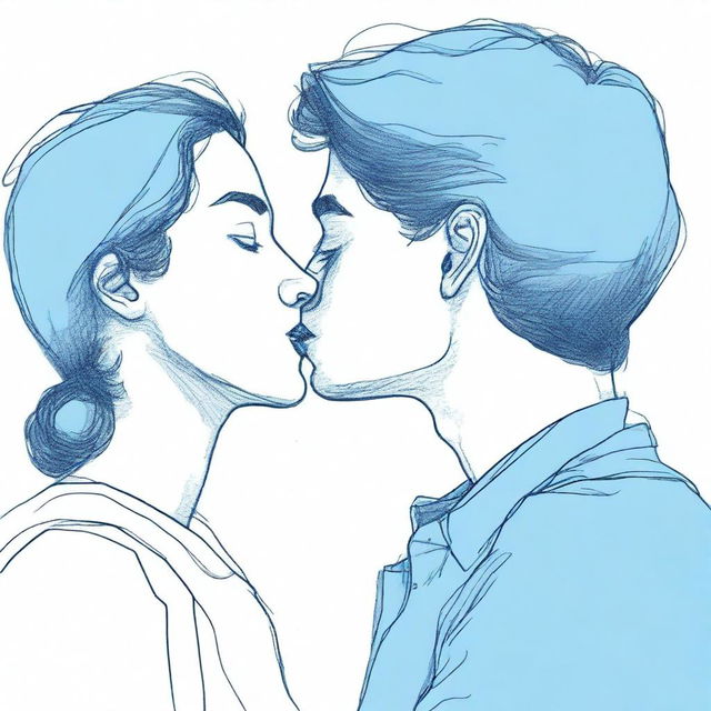 A drawing of a person kissing another person who is blue