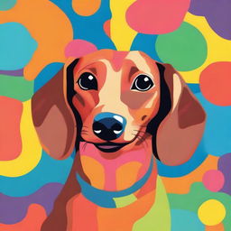 A caramel-colored dachshund smiling happily with a colorful background
