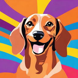A caramel-colored dachshund smiling happily with a colorful background
