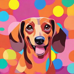 A caramel-colored dachshund smiling happily with a colorful background