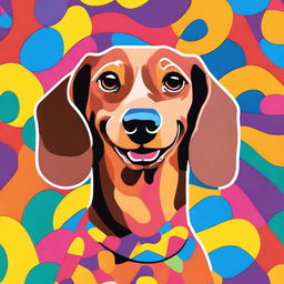 A caramel-colored dachshund smiling happily with a colorful background