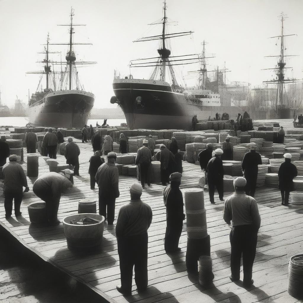 A busy scene at the docks with workers loading cargo onto ships