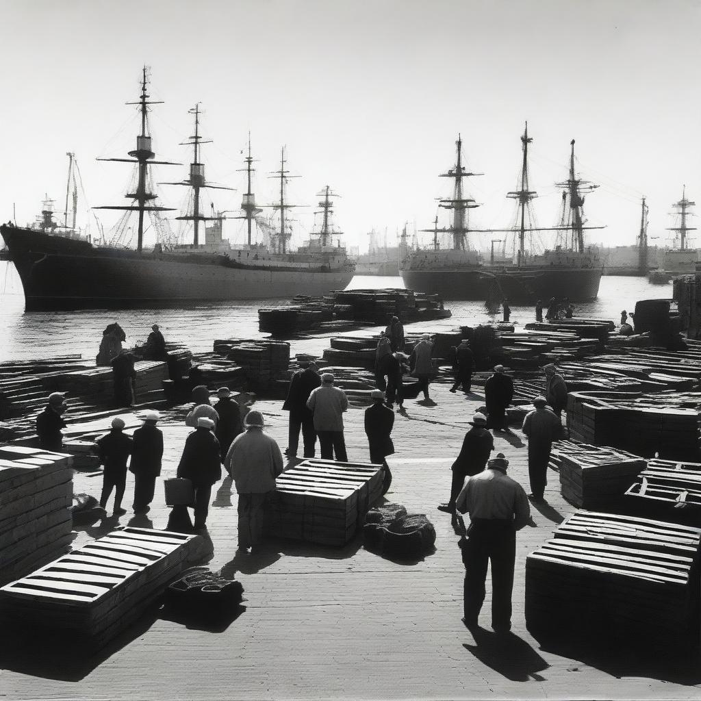 A busy scene at the docks with workers loading cargo onto ships