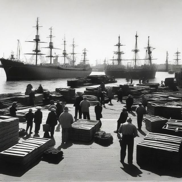 A busy scene at the docks with workers loading cargo onto ships