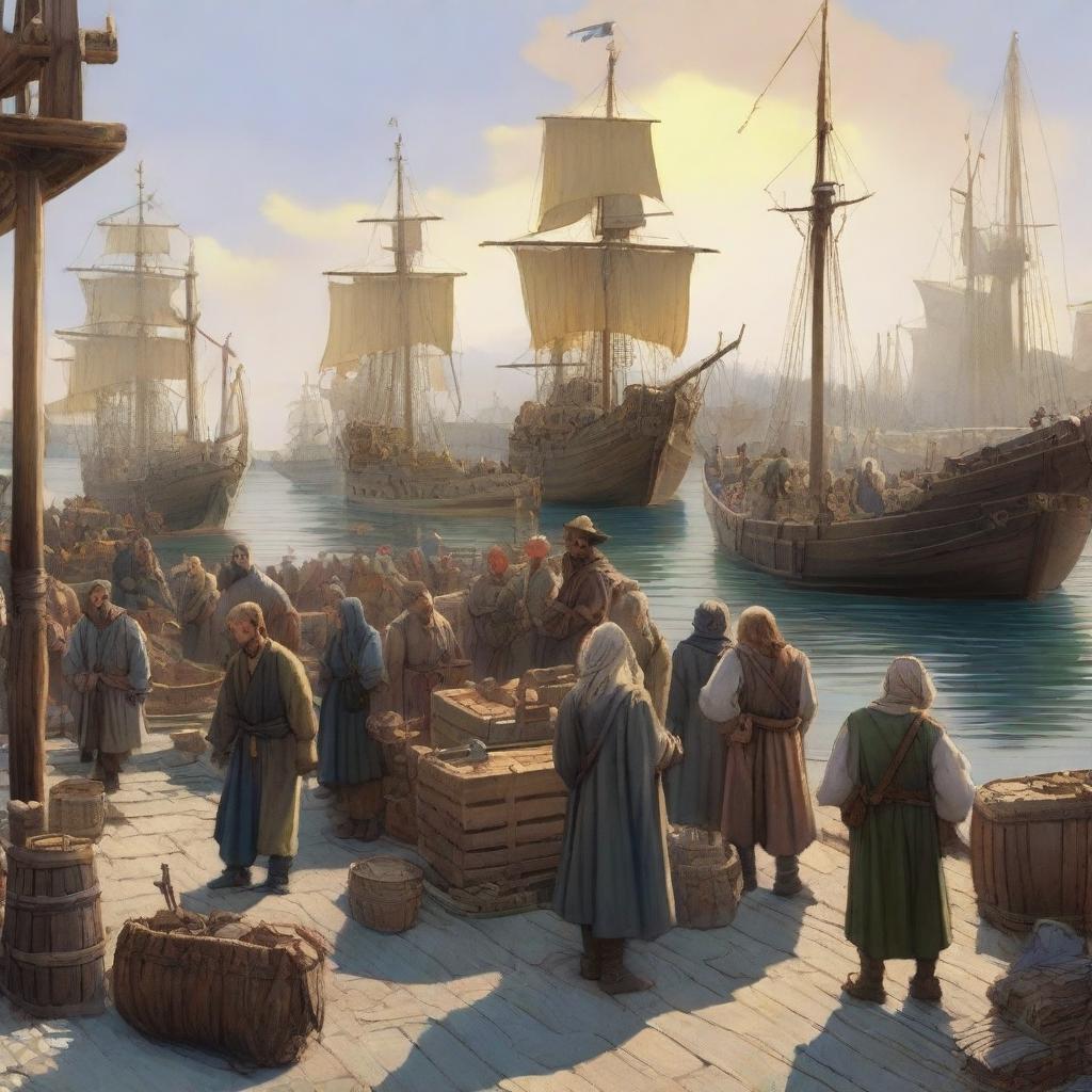 A busy medieval fantasy scene at the docks with Dungeons & Dragons workers loading cargo onto ships