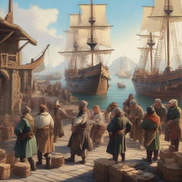 A busy medieval fantasy scene at the docks with Dungeons & Dragons workers loading cargo onto ships