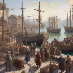 A busy medieval fantasy scene at the docks with Dungeons & Dragons workers loading cargo onto ships