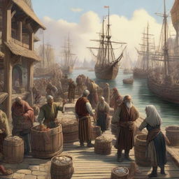 A busy medieval fantasy scene at the docks with Dungeons & Dragons workers loading cargo onto ships