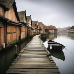 A quiet, small medieval dock scene with no people present