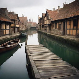 A quiet, small medieval dock scene with no people present