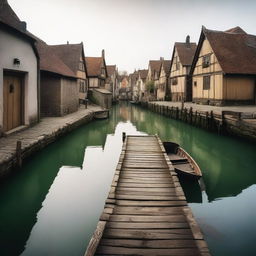 A quiet, small medieval dock scene with no people present