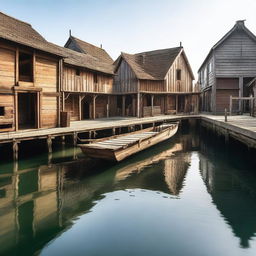 A small medieval shipyard with wooden docks and empty, waiting for ships to arrive