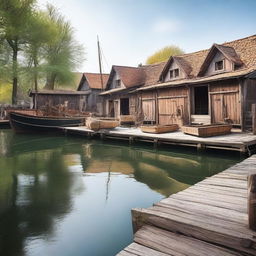 A small medieval shipyard with wooden docks and empty, waiting for ships to arrive