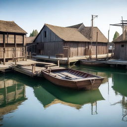 A small medieval shipyard with wooden docks and empty, waiting for ships to arrive