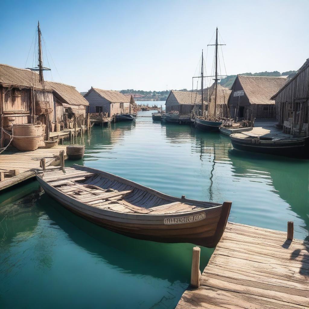 A small medieval shipyard located by the ocean with wooden docks extending into the water