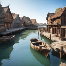 A small medieval shipyard located by the ocean with wooden docks extending into the water