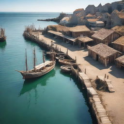 A small medieval shipyard located by the ocean with wooden docks extending into the water