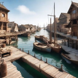 A small medieval shipyard located by the ocean with wooden docks extending into the water