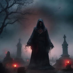 A dark and ominous scene featuring an evil necromancer