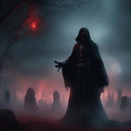 A dark and ominous scene featuring an evil necromancer