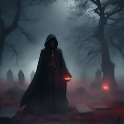 A dark and ominous scene featuring an evil necromancer