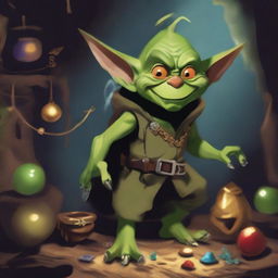 A small, green-skinned male goblin with pointy ears and mischievous eyes, adorned with various trinkets and baubles