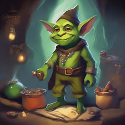 A small, green-skinned male goblin with pointy ears and mischievous eyes, adorned with various trinkets and baubles