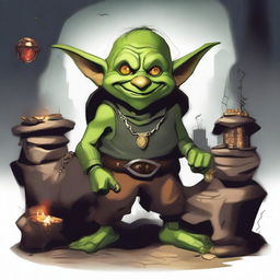 A small, green-skinned male goblin with pointy ears and mischievous eyes, adorned with various trinkets and baubles