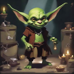 A small, green-skinned male goblin with pointy ears and mischievous eyes, adorned with various trinkets and baubles