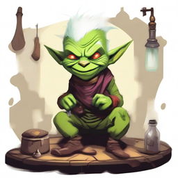 A very small, young, and crafty green goblin with wild, white hair and a monocle