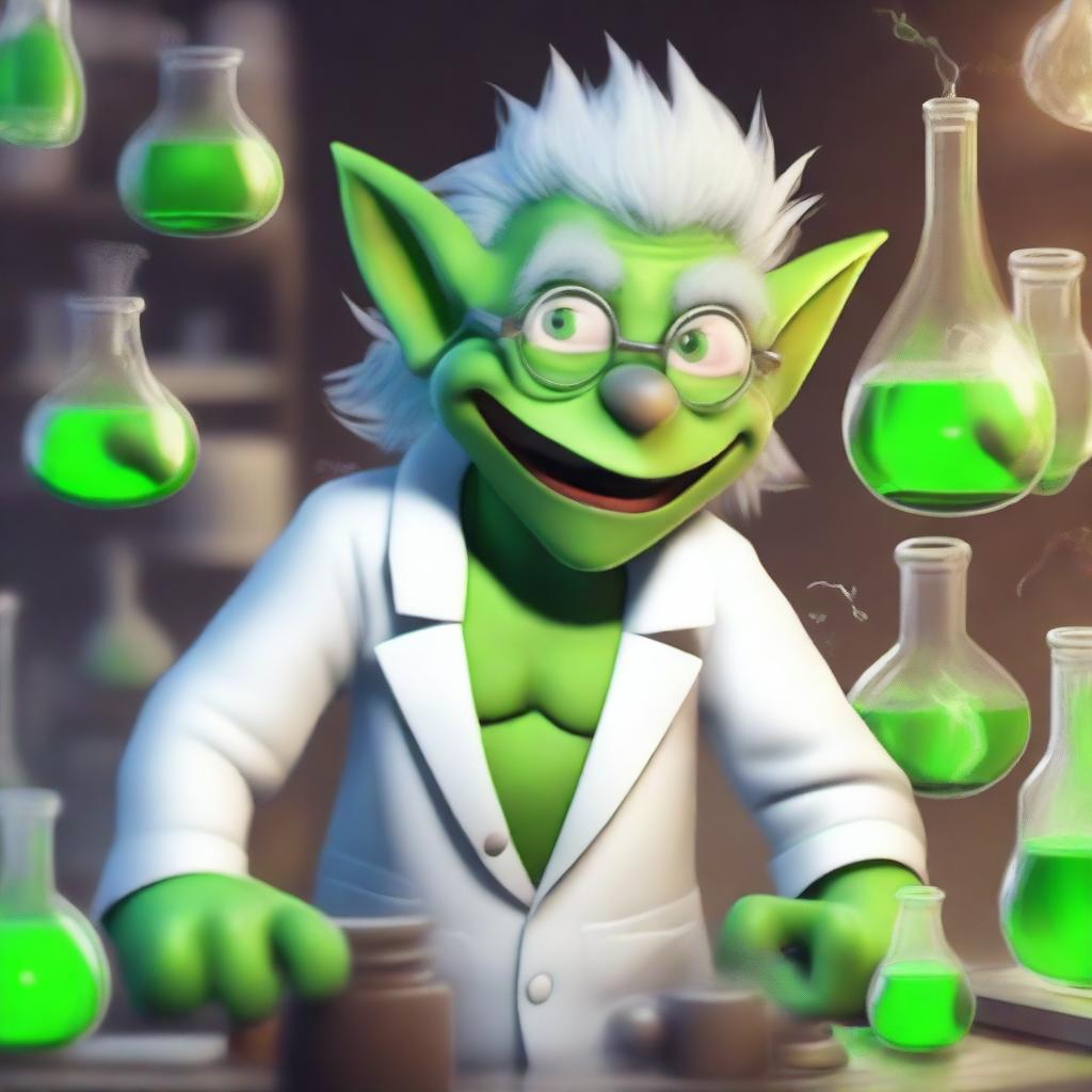 A crazy scientist goblin with green skin and wild, white hair