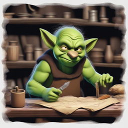 A stressed goblin working on a craft project in a medieval fantasy setting