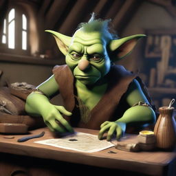 A stressed goblin working on a craft project in a medieval fantasy setting