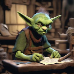 A stressed goblin working on a craft project in a medieval fantasy setting