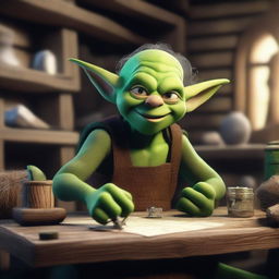 A stressed goblin working on a craft project in a medieval fantasy setting