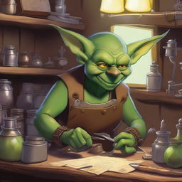 A mischievous goblin artificer busy at work in his cluttered workshop