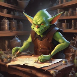 A mischievous goblin artificer busy at work in his cluttered workshop