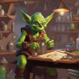 A mischievous goblin artificer busy at work in his cluttered workshop